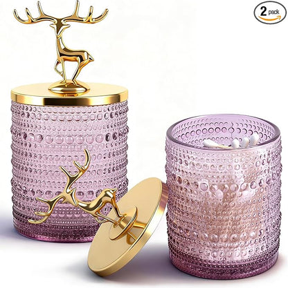 2 Set Purple Glass Cotton Swab Jars with Gold Lids – Vanity Countertop Organizer Containers for Cotton Pads, Floss Picks, Bath Salts