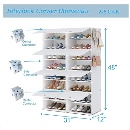 Patented Shoe Racks Organizers Shelves, Floor-Standing, Wall Hanging, Sturdy and extendable. Easy DIY Assembly, for Door Entrance, Closet, and Workplace (2x8Grid, Translucent)
