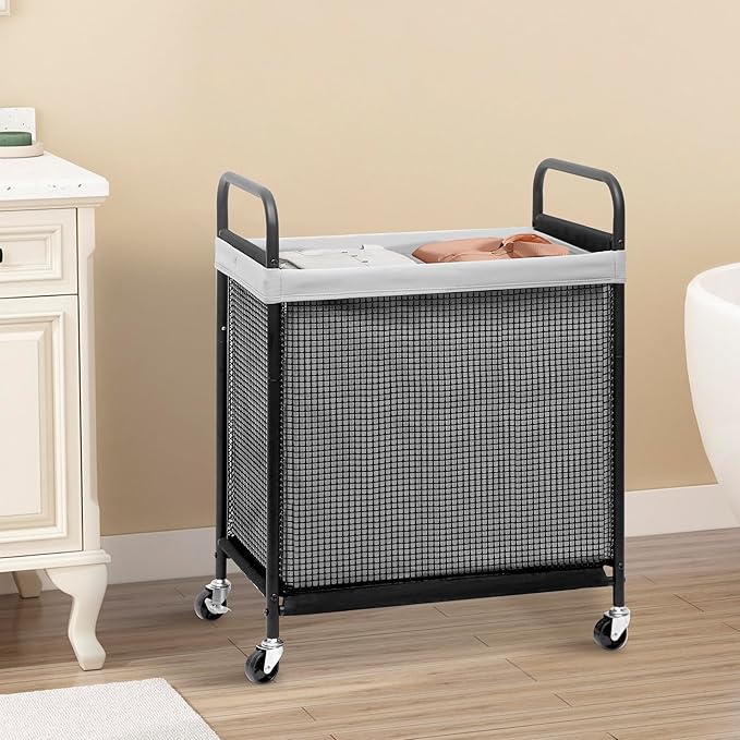 STORAGE MANIAC Rolling Laundry Hamper with Wheels 2-Section Laundry Sorter Rolling Laundrys Basket on Wheels with Removable Bag Clothes Hamper Laundrys Organizer Cart Bathroom Bedroom 100L Grey