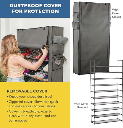 Sundaze Shoe Rack with Cover - 10 Tier Shoe Rack for Front Door Entrance, Sturdy Tall Shoe Organizer for Bedroom, Closet, Garage, Non Woven Fabric Shelf, Grey, Holds Up to 50 Pairs