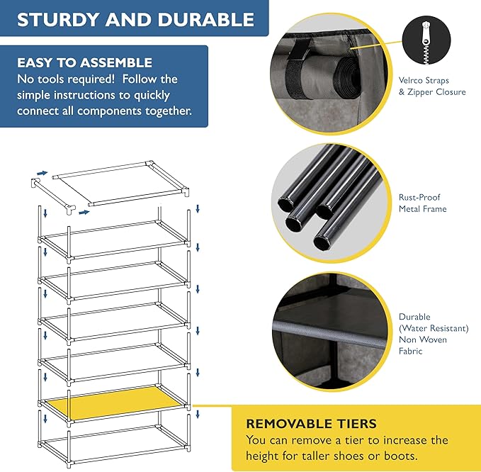 Sundaze Shoe Rack with Cover - 6 Tier Shoe Rack for Front Door Entrance, Sturdy Tall Shoe Organizer for Bedroom, Closet, Garage, Non Woven Fabric Shelf, Grey, Holds Up to 30 Pairs