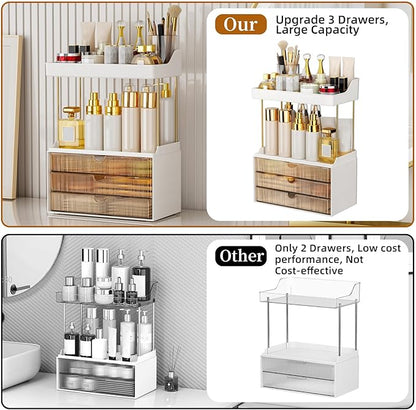 StorBin 3 Large Drawers Makeup Organizer - 5 Tier Bathroom Counter Organizers and Storage, Versatile Perfume Vanity Organizer, Ideal for Cosmetic, Large Skincare, Face Mask, Office Supplies, Amber