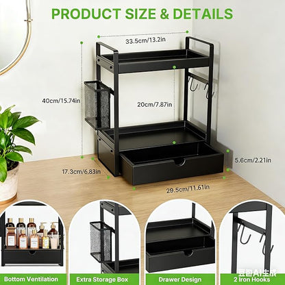 2-Tier Bathroom Counter Organizer with Drawer Basket and Hooks, Wood Bathroom Organizers and Storage for countertop, Farmhouse Black Countertop Organizer, Counter Shelf for Vanity, Kitchen, Office
