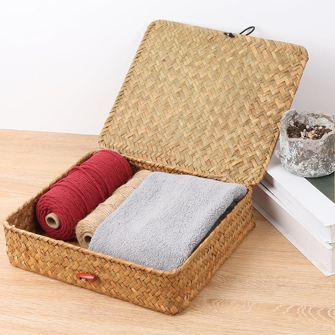 Moosky Flat Wicker Shelf Baskets with Lid, Seagrass Woven Basket Boxes for Storage Basket Bins Multipurpose Home Decor Organizer (Natural Small)