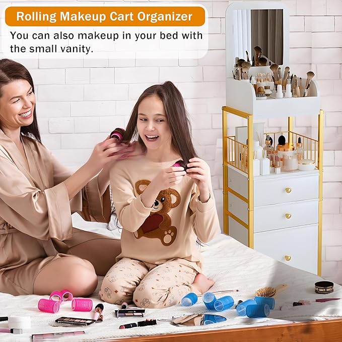 Makeup Cart Organizer with Mirror, Floor Makeup Organizer Large- Make Up Organizers Vanity Cart Cosmetic Display Cases Holder for Skin Care Perfume Nail Polish Brush Hair Tool (Gold)