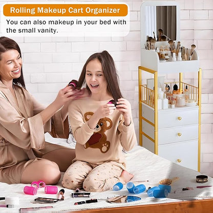 Makeup Cart Organizer with Mirror, Floor Makeup Organizer Large- Make Up Organizers Vanity Cart Cosmetic Display Cases Holder for Skin Care Perfume Nail Polish Brush Hair Tool (Gold)
