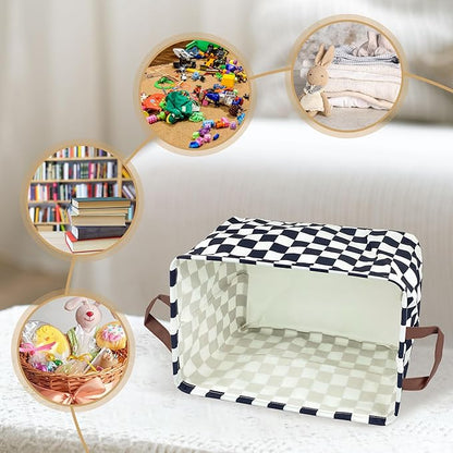 Checkered Storage Basket Waterproof Canvas Toy Storage Bin Race Car Room Decor Collapsible Outdoor Basket with Leather Handles Checkered Decor Car Blanket Baskets For Closets,Bedrooms,Gifts Baskets