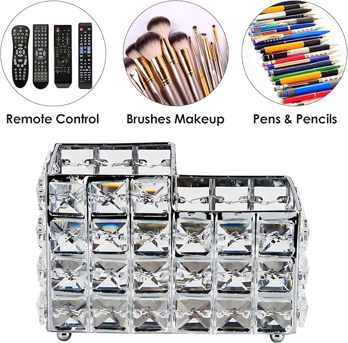 LUEXBOX Crystal Makeup Brush Holder, One-Piece Square Brush Organizer, Cosmetics Brush Storage Container for Table, Dresser, Bathroom, Bedroom Organization (Silver)