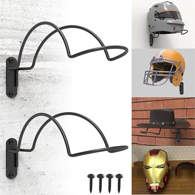 Yuleimy 2-Pack Helmet Holder Wall Mount, Heavy Duty Metal Display Rack for Motorcycle, Equestrian, Baseball & Football Helmets, Multi-Purpose Storage Hanger Hook, Black