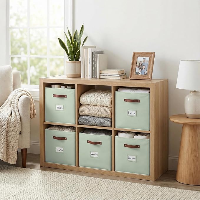 DECOMOMO Storage Cubes, 13x13x13 Storage Cube Bins with Labels, Fabric Organizer Bins (13" / 6pcs, Sage Green)