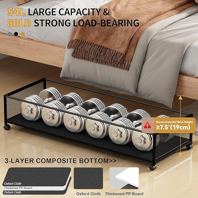 Under Bed Storage Containers with Wheels Large Underbed Shoes Blankets Clothes Toy Storage Drawers for College Dorms Bedrooms Nursery Rooms Organization (Black 1 Pack, 7.5in height(36"x16.6"x7.48"))
