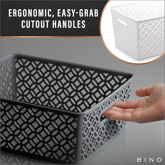 BINO l Plastic Storage Baskets, Large - Grey l THE BLOSSOM COLLECTION l Multi-Use Organizer Bin l Built-in Handles l Plastic Woven Basket for Organizing l Pantry & Home Organizing Basket