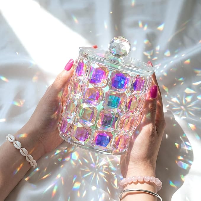 Crystal Qtip Holder Dispenser, 17oz Bathroom Canisters with Lid for Cotton Balls,Swabs,Floss Picks,Hair Accessories, Iridescent Glass Apothecary Jars with Lids,Vanitys Bathroom Organizer and Storage
