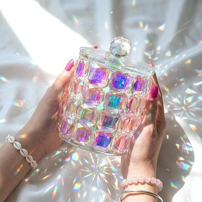 Crystal Qtip Holder Dispenser, 17oz Bathroom Canisters with Lid for Cotton Balls,Swabs,Floss Picks,Hair Accessories, Iridescent Glass Apothecary Jars with Lids,Vanitys Bathroom Organizer and Storage