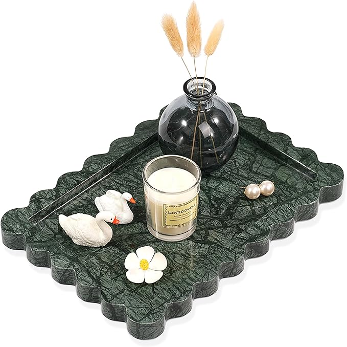 Scalloped Green Marble Tray - Large Home Decorative Stone Vanity Perfume Candle Plates for Bathroom Accessories Coffee Table, Key Dish for Kitchen Countertop Entryway (10.6" x 7.4" x 0.8")