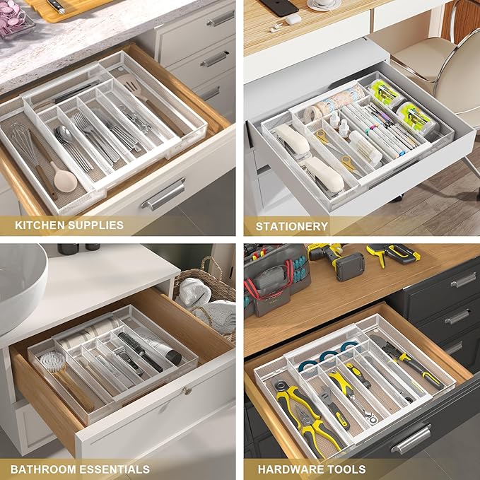 Sedegn Silverware Organizer Metal Mesh, Drawer Organizer, Utensil Cutlery Tray for kitchen drawers,Expandable Flatware Organizer with 7 Compartment White 9.6"~16.1" x 13.8"