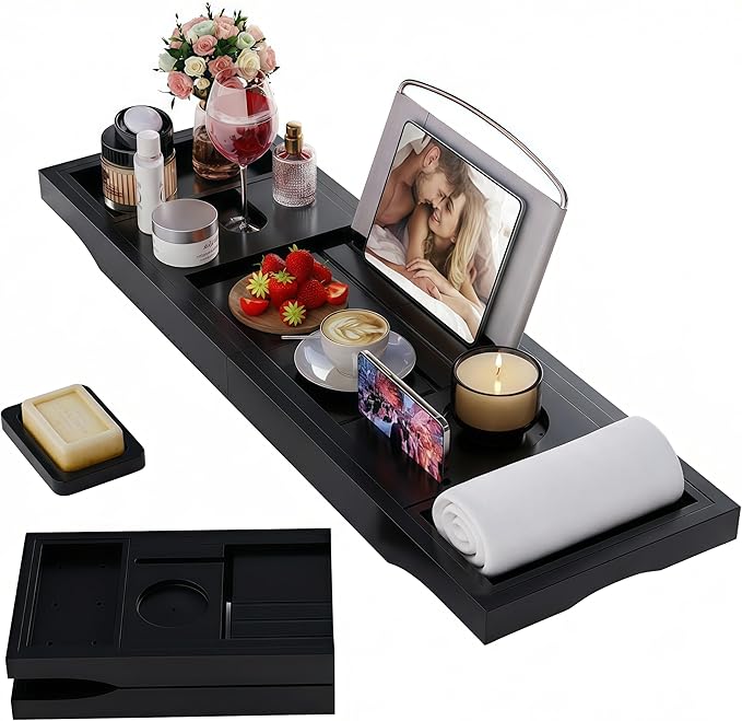 Foldable Bathtub Caddy Tray, Bamboo Bath Tub Tray Table for Tub with Wine Glass Holder Book Phone Tablet Holder with Extending Sides, Adjustable Bathroom Bathtub Free Soap Holder Gift Idea (Black)