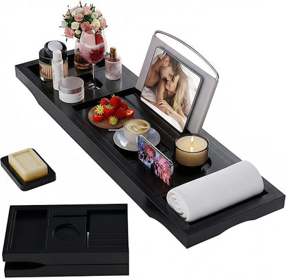 Foldable Bathtub Caddy Tray, Bamboo Bath Tub Tray Table for Tub with Wine Glass Holder Book Phone Tablet Holder with Extending Sides, Adjustable Bathroom Bathtub Free Soap Holder Gift Idea (Black)