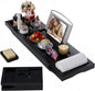 Foldable Bathtub Caddy Tray, Bamboo Bath Tub Tray Table for Tub with Wine Glass Holder Book Phone Tablet Holder with Extending Sides, Adjustable Bathroom Bathtub Free Soap Holder Gift Idea (Black)