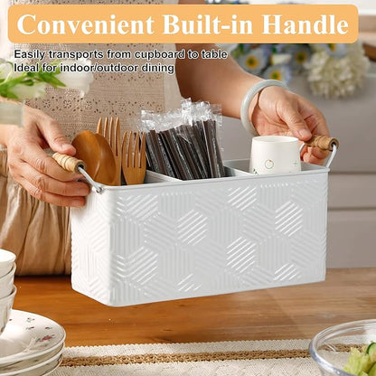 Silverware Caddy for Party Kitchen Flatware Holder for Countertop Metal White Hexagon Stripe Pattern Embossed Cutlery Organizer with 3 Compartments for Utensils, Spoons, Knives, Forks