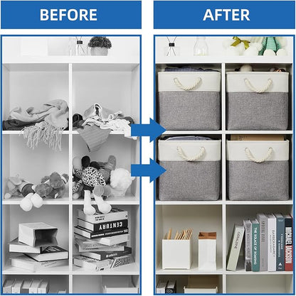 Temary Fabric Baskets 12 Inch Storage Cubes Basket with Handle, Clothes Baskets for Gift, Large Bins for Organizing Books, Blankets (White&Gray)