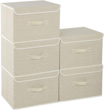 Fabric Storage Bins Cube Organizers with Flip-Top Lid and Handles,Storage Boxes for Organizing Home,Office,and Closet,Grey and Beige,5 Pack 15 x 9.8 x 9.8 in