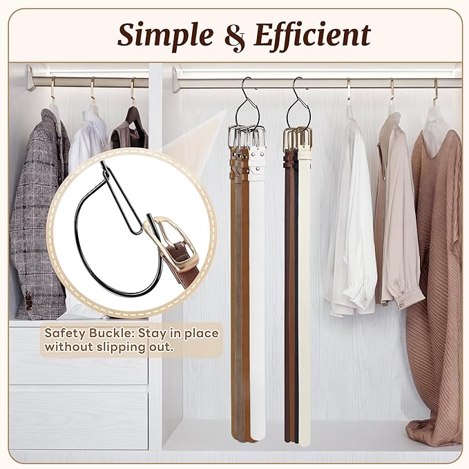 MEILIDY Belt Hanger, Compact Metal Belt Rack with Hooks Safety Buckle for Closet, Black, 2 Pcs