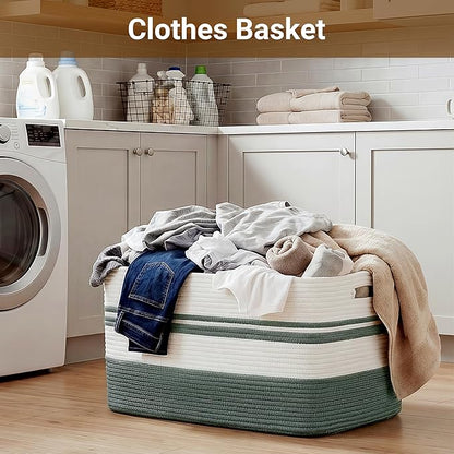 75L Large Blanket Basket, 22"x17"x12"Rectangle Cotton Rope Woven Storage Basket with Handles, Laundry Hamper for Living Room, Nursery, Bedroom - Chemical-Free, Kid & Pet Safe - Sage Green