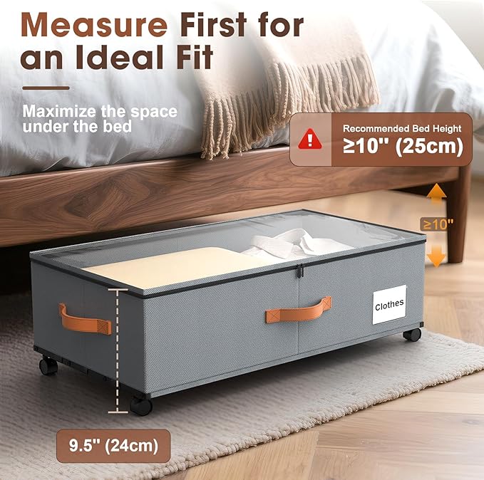 Eastherry Under Bed Storage Containers with Wheels, 9.5 inches Higher Underbed Shoes Blankets Clothes Toy Storage Drawers for College Dorms Bedrooms Nursery Rooms Organization, 2 Pack to be Assembled