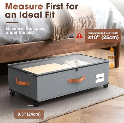 Eastherry Under Bed Storage Containers with Wheels, 9.5 inches Higher Underbed Shoes Blankets Clothes Toy Storage Drawers for College Dorms Bedrooms Nursery Rooms Organization, 2 Pack to be Assembled
