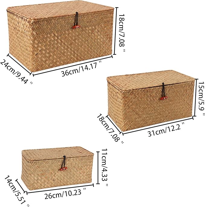 Moosky Wicker Shelf Baskets with Lid,Natural Seagrass Storage Basket Boxes Handwoven Rectangular Baskets Bins Multipurpose Home Organizer Decor (Large+Medium+Small)