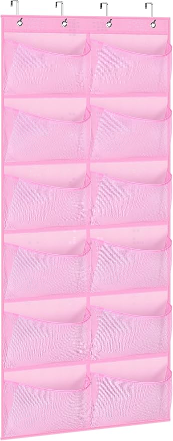 KIMBORA 12 Large Mesh Pockets Over the Door Shoe Organizer for Closet Hanging Shoe Rack for Door Sneaker Hanger Boot Storage for Kids, Baby, Toddler, Girl, Pink