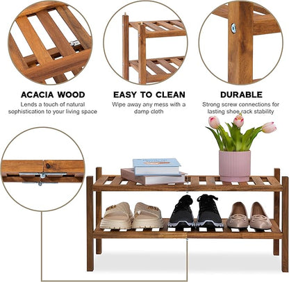 VICTORY RELAX Natural Acacia Wood 2-Tier Folding Shoe Rack – Space-Saving Wooden Shoe Organizer Shelf for Entryway, Hallway, Mudroom, or Closet – Compact Indoor Storage for Footwear & More