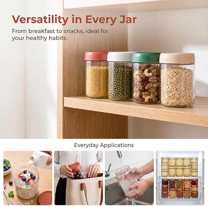 EONJOE 4-Pack Overnight Oats Containers with Lids 16oz Glass Mason Jars Meal Prep Salad Food Cereal Snacks Pudding Yogurt Storage