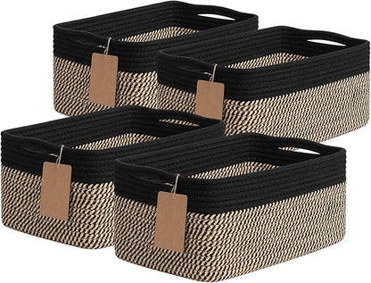 Goodpick 4 Pack Storage Baskets for Shelves, Rectangle Wicker Storage Bins for Baby Toys, Decorative Organizer Shelf Baskets for Gifts Empty, 13''L x 8''W x 6''H, Black & Jute