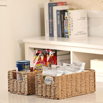 Vagusicc Wicker Storage Basket, Set of 2 Hand-Woven Paper Rope Wicker Basket, Small Storage Baskets for Organizing Toilet Paper, Foldable Large Cube Storage Organizer Bins for Shelves (Natural)