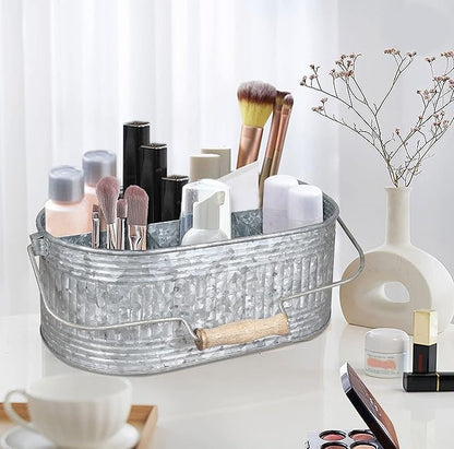 CLEENTABLE Farmhouse Galvanized Metal Utensil Caddy – 4-Compartment Silverware Organizer with Removable Handle for Countertop, Picnic & Party Use (10"x6.5"x5.5", Grey)