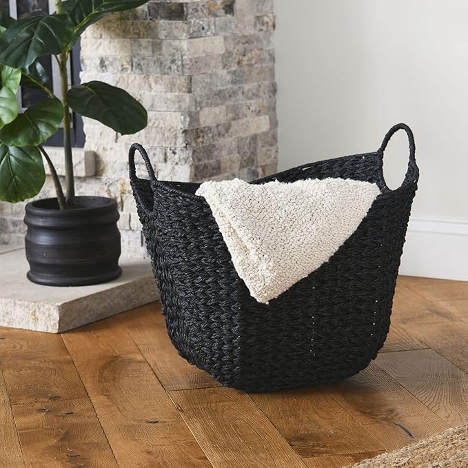 Household Essentials Paper Rope Basket with Handles, Natural Woven Woven Storage Basket, Great for Decoration or Organization