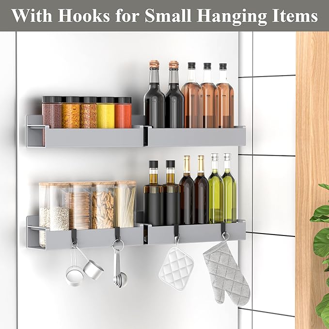 HuggieGems 4 Pack Magnetic Spice Rack Organizer for Refrigerator and Oven, Light Gray Fridge Organizers and Storage for Kitchen