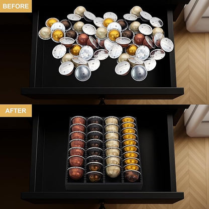 MinBoo Bamboo Coffee Capsule Storage Drawer Tray, Bamboo Drawer Insert Organizer Holds Coffee Pods, Compatible with Vertuoline Capsules, Suitable for Kitchen, Home, Office,Black