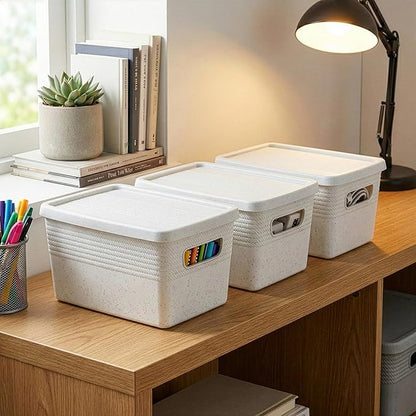 BINO | Plastic Storage Bins with Lids, 5 Liter - 3 Pack, White | THE BRAIDED COLLECTION | Plastic Bins for Organization Woven Storage Baskets for Organizing Pantry Shelf Organizer Basket Container Bin