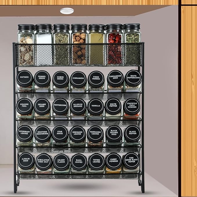 Skiileor Spice Rack Organizer with 28 Spice Jars, Black Lids，Spice Labels, Chalk pen and Funnel Set for Cabinet, Countertop, Pantry, Cupboard or Wall Mount