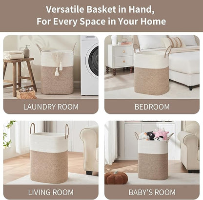 AINUOQI Laundry Basket with Handles - Blanket Basket & Hampers for Bedroom Aesthetic, Laundry Hamper & Blanket Storage for Living Room, Clothes Hamper, Tall, Large 17" x 14" x 26”, White & Rice Brown