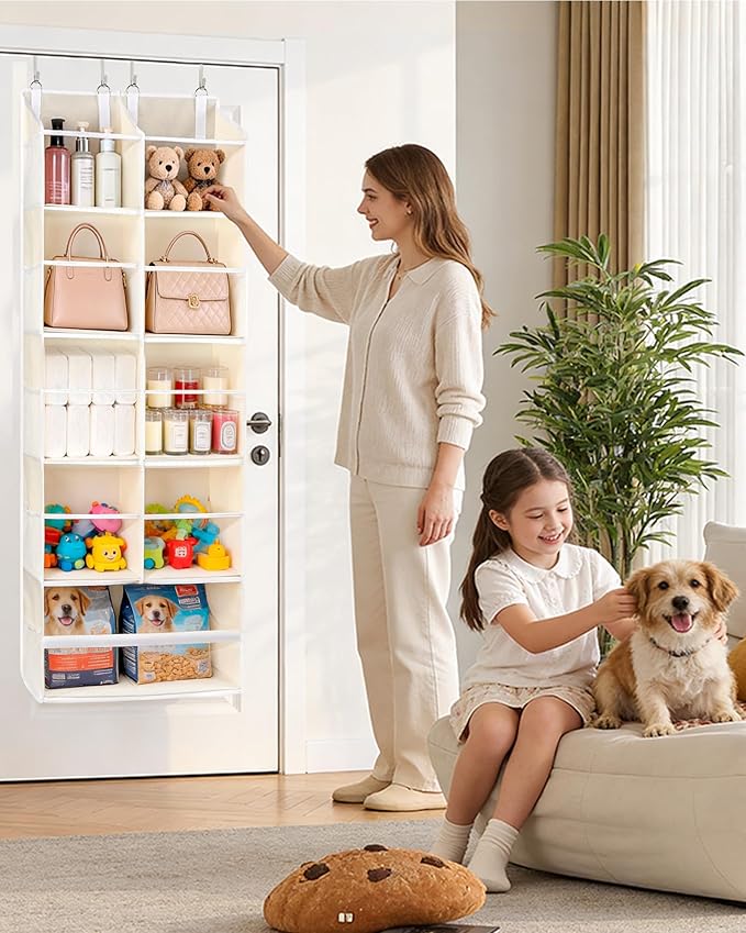 ULG Over the Door Organizer, 5-Tier Hanging Storage with Clear Windows, 19 Pockets for Closet, Pantry, Bathroom & Nursery Doors, Extra Large Storage Space with 4 Hooks, Easy to Install, Beige, 1-Pack