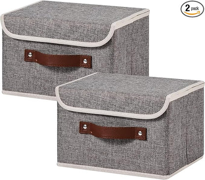 2PCS Storage Bins Box with Lids Decorative Cotton Linen Fabric Baskets Cubes with Handles PP Plastic Board Foldable Washable Lidded Clothing Shelf Closet Organizer Container (Gray, Small)
