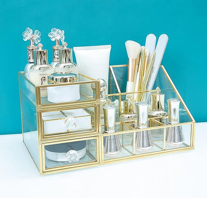 JIARI Glass Makeup Organizer with Drawer, Gold Brass Frame Jewelry Display Box, Nordic Style Cosmetic Storage for Vanity Bathroom Bedroom Office, 10.23x6.29x5.11 Inches (Storage Box-A32)