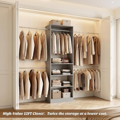 12FT Large Open Closet System, 138'' Wall-Mounted Closet Shelving with 5 Hanging Rods and 6 Shelves, Customizable Wardrobe for Walk-In Closets, Fits 5–12FT Spaces, Grey