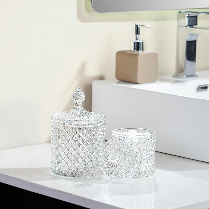 R FLORY 2 Pack Qtip Holder Glass Apothecary Jars with Lids Bathroom Storage Organizer for Cotton Swabs, Balls, Pads, Floss Picks, Vanity Storage Containers for Makeup, Candy, Jewelry (10+24oz, Clear)