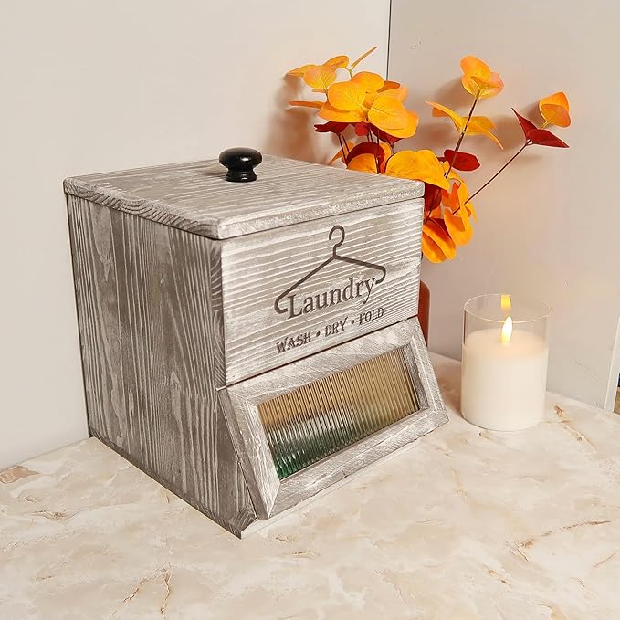 Farmhouse Dryer Sheets Holder & Laundry Pod Container, Rustic Grey Wooden Laundry Pod Dispenser, Dryer Sheets Container Laundry Room Organizers And Storage