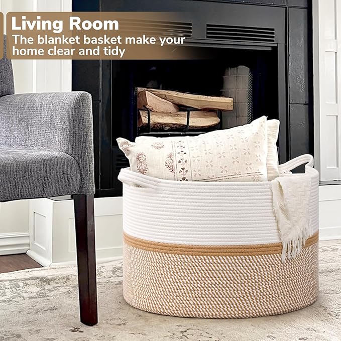 CHICVITA XXL Extra Large Blanket Basket, Cotton Rope Storage Basket for Organizing, Home Decor Woven Basket for Laundry Baby Nursery Decorative Toy Bin, White and Brown, 22" x 22" x 14"